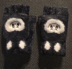 Cute Black Fuzzy Fingerless Labu Inspired Gloves with White Character Detail